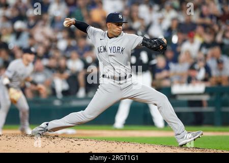 Keynan Middleton (93), der Relief-Pitcher der New York Yankees, wirft im vierten Inning während eines regulären MLB-Saisonspiels zwischen den New York Y Stockfoto