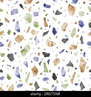 Abstraktes italienisches Terrazzo-Nahtloses Muster. Verstreute mehrfarbige Steine handgezeichnete Aquarelle dekorative Textur. Gebrochenes Buntglas, farbenfrohe Form Stockfoto