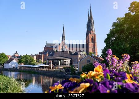 Wunderschöner Blick auf die Kathedrale von Uppsala und den Fluss Fyris in Uppsala, Schweden Stockfoto