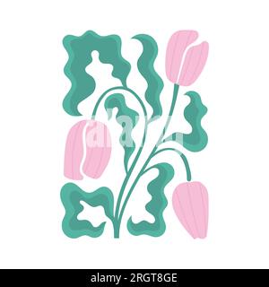 Modernes Vektorposter, Wandgemälde mit abstrakten Tulpen, Blätter. Trendige Blumendekoration. Stock Vektor