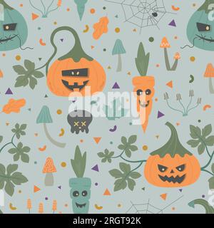 Süßes nahtloses Halloween-Muster mit Kürbis, Karotten, Pilzen, Blättern. Perfekt für Verpackung, Papier, Hintergrund, Banner. Stock Vektor