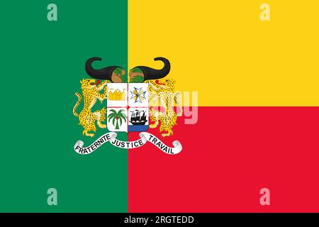 Die offizielle derzeitige Flagge und das Wappen der Republik Benin. Staatsflagge von Benin. Illustration. Stockfoto