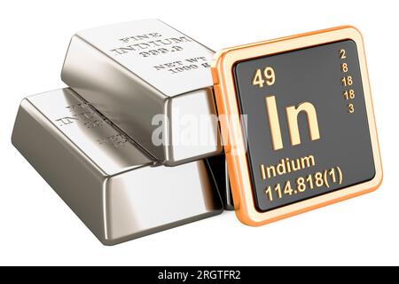 Indiumbarren mit chemischem Element Symbol Indium in, 3D-Rendering auf weißem Hintergrund isoliert Stockfoto