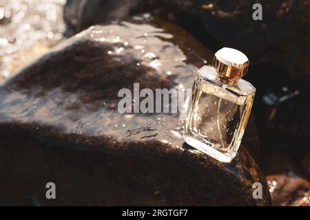 Parfümflasche auf Meereshintergrund Stockfoto