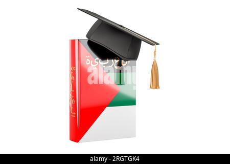 Arabisches Lehrbuch mit Graduierungskappe. Arabische Sprache lernen, Kurse. 3D-Rendering auf weißem Hintergrund isoliert Stockfoto
