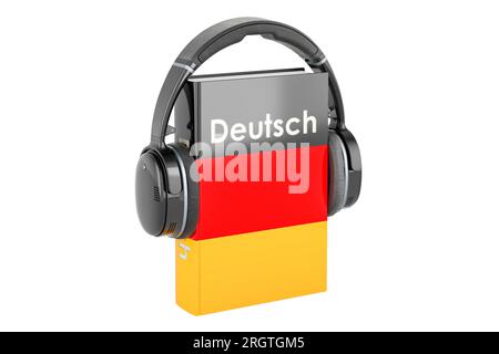 Deutschsprachiges Lehrbuch mit Kopfhörern. Deutsche Sprache lernen, Unterricht. 3D-Rendering auf weißem Hintergrund isoliert Stockfoto