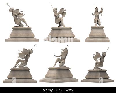 Isolierte 3D-Darstellung einer antiken Engelskrieger-Statue aus Stein auf dem Sockel, kniend mit Speer und Schild, verschiedene Winkel. Stockfoto