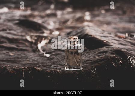 Parfümflasche auf Meereshintergrund Stockfoto
