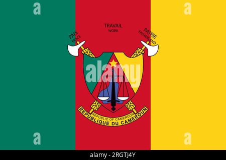 Die offizielle derzeitige Flagge und das Wappen der Republik Kamerun. Staatsflagge Kameruns. Illustration. Stockfoto