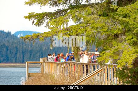 ICY STRAIT, ALASKA - 9. Mai 2023: Die Icy Strait ist eine Meerenge im Alexander-Archipel im Südosten Alaskas. Das nahegelegene Kreuzfahrtschiff Stockfoto