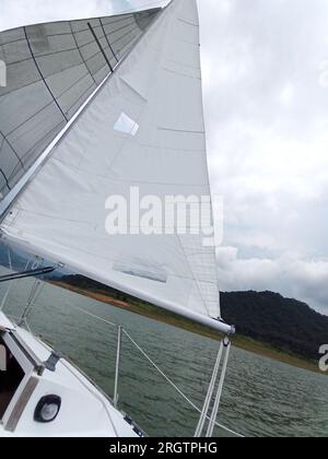 Nahaufnahme von Teilen eines Segelboots, das segelt: Mast, Hauptsegel, Leinwand, Ruder, Bug, stern, wetterfahne, Boom, Jib Stockfoto