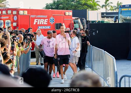 5-Sergio Busquets von Inter Miami, 17-Josef Martínez von Inter Miami, 10-Lionel Messi von Inter Miami. Fort Lauderdale, Florida, USA. 11. August 2023. Kredit: Yaroslav Sabitov/YES Market Media/Alamy Live News Stockfoto