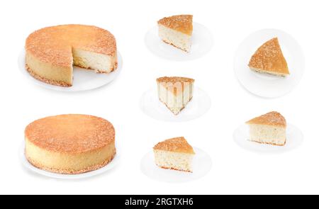 Schmackhafter Schwammkuchen isoliert auf weiß, verschiedene Winkel. Collage-Design Stockfoto