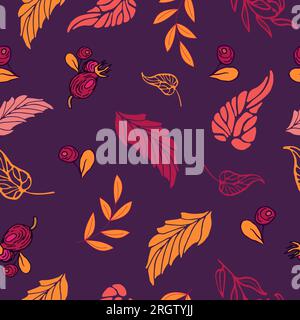 Rosehip mit Blattmuster. Nahtloses Muster mit Rosenhüften auf einem Zweig in leuchtend lila-gelben Orange. Herbstmuster mit hellem Vektor hinterlässt einen Stock Vektor