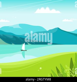 Wunderschöne Sommerlandschaft. Berge und Wasser. Blauer Himmel mit Wolken. Azurspiegelnde Wasseroberfläche des Sees und der Berge. Weißes Segelboot. Illustr Stock Vektor