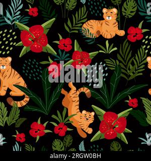 Helle, tropische, nahtlose Tigerpalmenblätter im Sommer. Kindervektordarstellung Cartoon-Stil. Zum Bedrucken von Textilien, Geschenkpapier, Wänden Stock Vektor