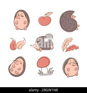 Süßes Herbstset mit Igeln, Blättern, Apfel und Pilzen auf weißem Hintergrund. In trendigen Erdtönen. Für Aufkleber, Poster, Postkarten, Design-ele Stock Vektor