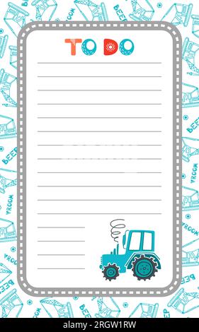Wochen- oder Tagesplaner für Kinder. Skandinavischer Stil. Cartoon-Vektordarstellung. Kinderbaumaschinen, Traktor, Kran. Für Notiz pape Stock Vektor