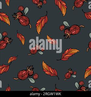 Rosenhüften, Preiselbeeren. Orangenblätter im Herbst. Nahtlos leuchtendes Muster mit Blumenmotiv. Skizzenstil. Für Tapeten, Bedrucken von Stoffen, Packungen Stock Vektor