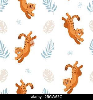 Helles tropisches Nahtmuster für den Sommer. Süßer Tiger, Palmenblätter, Kindervektorzeichnung, Cartoon-Stil. Für Kinderzimmer, Poster, Abdrücke auf Stoff. Stock Vektor