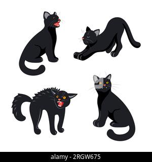 Leuchtende, realistische schwarze Katzen in verschiedenen Posen, für Halloween. Die Katze zischt, streckt, miaut, setzt sich. Haustiere. Für Aufkleber, Poster, Postca Stock Vektor