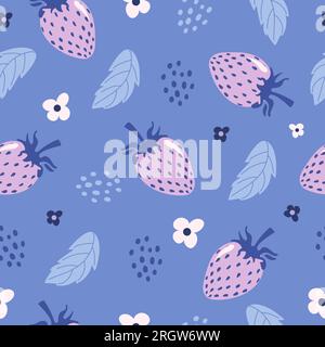 Helles, nahtloses Sommermuster. Zarte Beerenblumen hinterlässt Erdbeeren in Pastellviolett. Vektordarstellung im Cartoon-Stil. Für Printi Stock Vektor