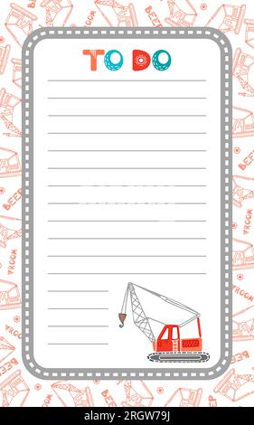 Wochen- oder Tagesplaner für Kinder. Skandinavischer Stil. Cartoon-Vektordarstellung. Kinderbaumaschinen, Traktor, Kran. Für Notiz pape Stock Vektor
