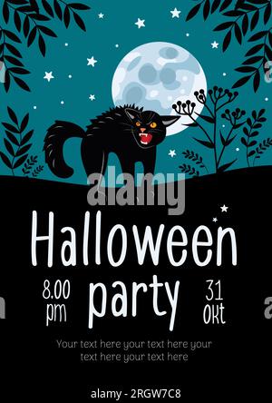 Leuchtender Flyer für Halloween-Partys. Silhouetten von Katzen und Pflanzen im Mondhintergrund. Für Werbebanner, Poster, Flyer. Stock Vektor