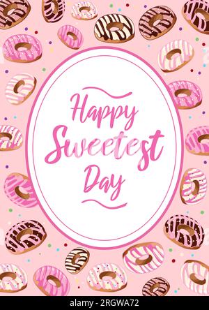 Vektordarstellung im Vintage-Stil. Ovaler Rahmen mit Donuts auf pinkfarbenem Hintergrund. Alles Gute Zum Süßesten Tag. Vorlage für Poster, Postkarten, Karten, Banner, Pakete Stock Vektor