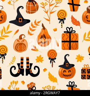 Halloween helles, nahtloses Vektormuster. Kürbis-Jack-o-Laterne, Hexenhut, gestreifte Strümpfe, Schuhe, Lutscher, Geschenke, Herbstblätter. Für das Kinderzimmer, wa Stock Vektor