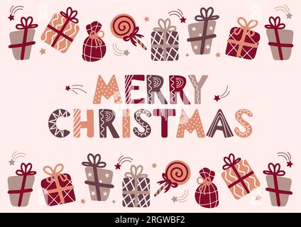 Frohe Weihnachten. Gratulation Schriftzug im skandinavischen Stil, dekoriert mit Lutscher, Geschenken, fliegenden Sternen. In trendigen Erdtönen. Für Werbung Stock Vektor