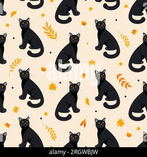 Halloween Nahtloses Muster Schwarze Katze, Herbstblätter, Kräuter und Süßigkeiten in Orange, hellbeiger Hintergrund. Farbenfroher Zeichentrickstil. Für w Stock Vektor