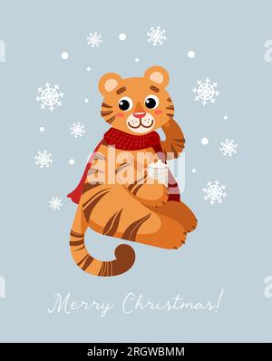 Ein süßer Tiger in einem roten Schal trinkt Kakao. Frohe Weihnachten. Symbol des chinesischen Neujahrs 2022. Für Poster, Postkarten, Banner, Drucken auf Stoff Stock Vektor