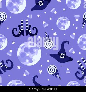 Halloween helles, nahtloses Vektormuster. Hexenhut, gestreifte Strümpfe, Schuhe, Lutscher, Mond und Sterne, Zuckermais. In lila Tönen. Für das Kinderzimmer, Wal Stock Vektor