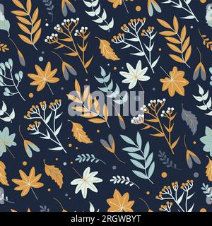 Nahtloses Herbstmuster mit Blättern, Kräutern und Blumen in Erdtönen auf dunklem Hintergrund, flacher Stil. Für Tapeten, Bedrucken von Textilien, Verpackung, Stock Vektor