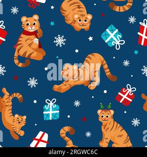 Weihnachtliches, nahtloses Muster im Cartoon-Stil. Tigersymbol des chinesischen Neujahrs 2022. Geschenke, Sterne, Bäume, Schneeflocken. Für Kinderzimmer, Tapete, PR Stock Vektor