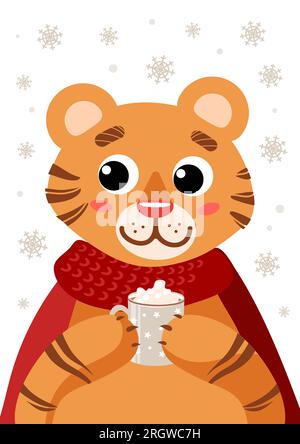 Ein süßer Tiger in einem roten Schal trinkt Kakao. Frohe Weihnachten. Symbol des chinesischen Neujahrs 2022. Für Poster, Postkarten, Banner, Drucken auf Stoff Stock Vektor