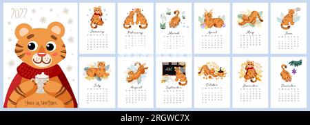 Kalender 2022. Ein süßer Tiger zu verschiedenen Jahreszeiten. Frohe Weihnachten. Symbol des chinesischen Neujahrs 2022. Für Kalender, Planer, Notiz. Set mit 12 m Stock Vektor