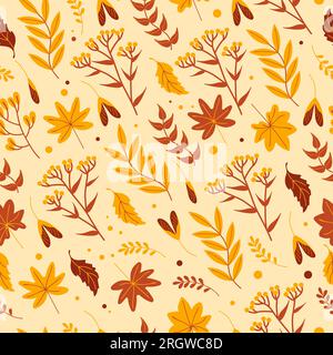 Nahtloses Herbstmuster mit gelblichen Blättern, Kräutern und Blumen in Orange auf beigem Hintergrund, flacher Stil. Für Tapeten, Bedrucken von Textilien, Stock Vektor