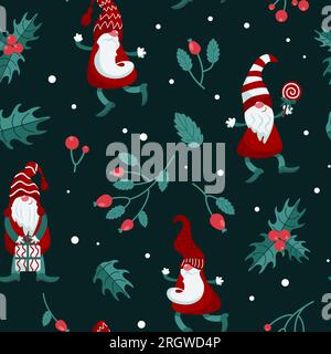 Leuchtendes Weihnachtsmuster. Zwerge in Mützen, Zuckerstangen, Geschenke, Winterrosenhüften, Stechmücke. Flaches Design in rot-grünen Tönen. Für Kinderzimmer, Tapeten, Drucken Stock Vektor