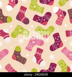 Leuchtende Weihnachtssocken, Strümpfe, Stiefel. Wollkleidung mit skandinavischen Mustern und Schneeflocken im Cartoon-Stil. Pink und Grün. Für die Krankenschwester Stock Vektor