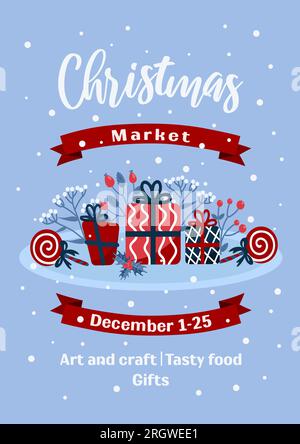 Weihnachtsmarkt-Banner. Helle Vektordarstellung im Cartoon-Stil in Blau und Rot. Lollipop, Geschenke, Winterrosenhüften, Holly. Für Werbung Stock Vektor