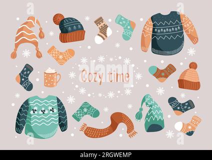 Vektorweihnachtsillustrierung eines winterwarmen Kleidungssets. Hüte, Socken, hässlicher Weihnachtspullover, Pullover, Schal. Tasse mit Kakao. In Erdtönen. F Stock Vektor