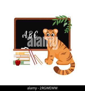 Süße Illustration, Tiger mit Brille, in der Schule lernen. Wissenschaft, Schuljunge, Student, Tafel, Lehrbücher, apfel. Symbol des chinesischen Neujahrs 2022. Stock Vektor