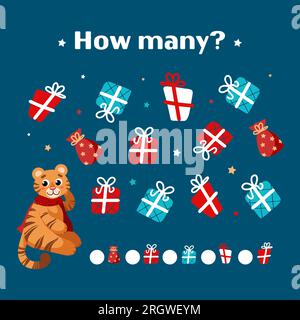 Pädagogisches Weihnachtsspiel für Kinder. Ein süßer Tiger mit rotem Schal zählt Geschenkschachteln. Frohe Weihnachten. Symbol des chinesischen Neujahrs 2022. Für Spiele, Maga Stock Vektor