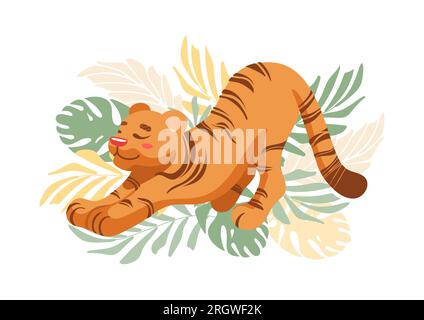 Süße, dehnbare Tiger-Kindervektorgrafik im Cartoon-Stil. Für Kinderzimmer, Poster, Aufkleber, Postkarten, Abdrücke auf Stoff-T-Shirts. Internatio Stock Vektor