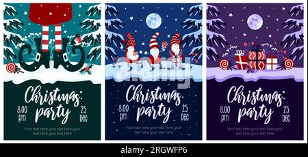 Set Merry Christmas Party Flyer. Helle Vektordarstellung, Cartoon-Stil, grün-blau-violette Farben. Zwerge in Mützen, Lollipop, Geschenke, Elfenschuhe, holl Stock Vektor