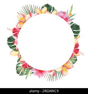 Leuchtend saftige Illustration zum Thema tropische Pflanzen und Strandurlaub. Runder Rahmen. Aquarell-Zeichnung von Hand auf weißem Hintergrund. Stockfoto