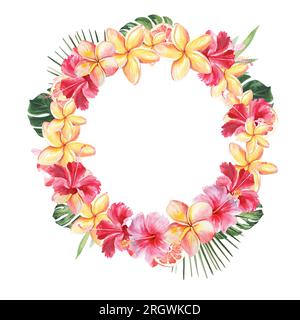 Runder Rahmen aus hellen tropischen Blumen. Aquarell-Zeichnung von Hand auf weißem Hintergrund. Stockfoto