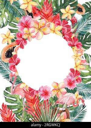 Leuchtend saftige Illustration zum Thema tropische Pflanzen und Strandurlaub. Runder Rahmen. Aquarell-Zeichnung von Hand auf weißem Hintergrund. Stockfoto